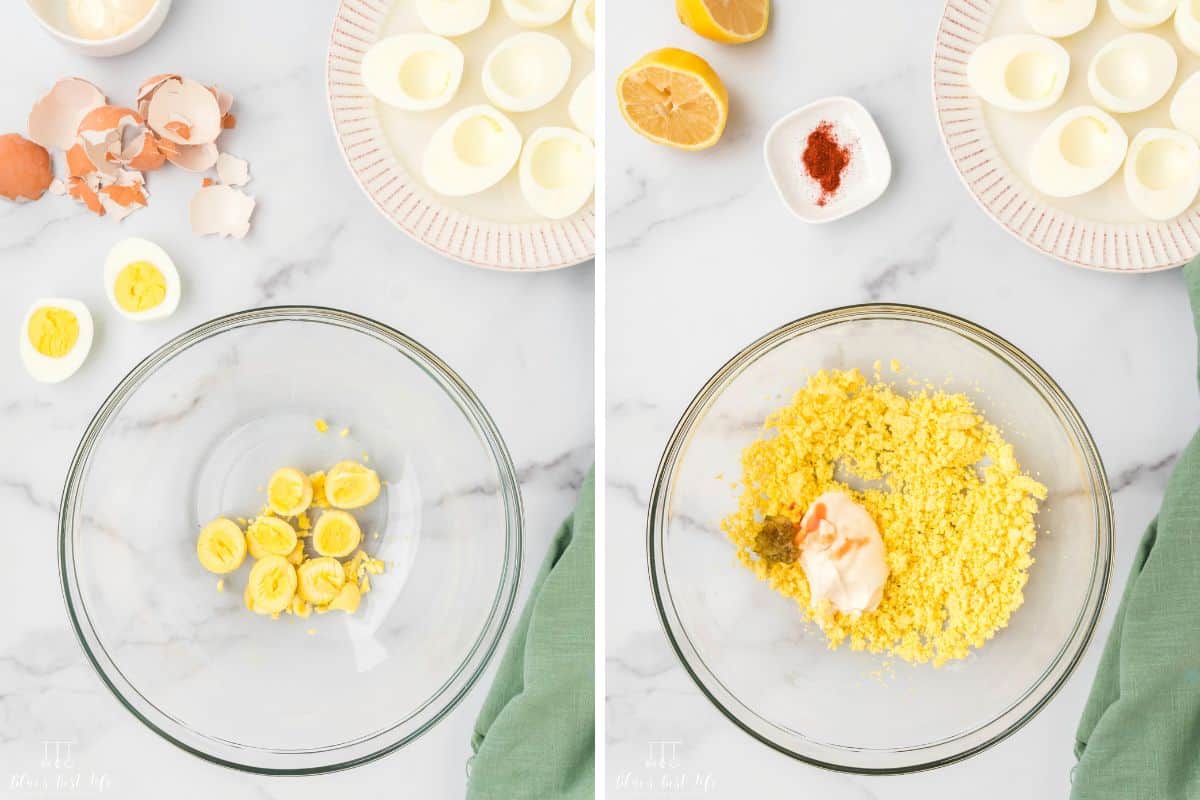 The yolks in a bowl and also mashed with the other ingredients.