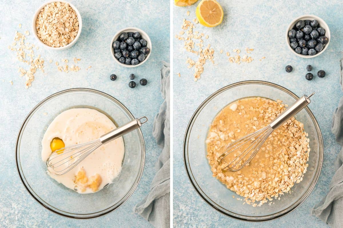 Side-by-side photo: Left: A bowl with wet ingredients and a wire whisk. Right: stirring in the oats into the bowl. 