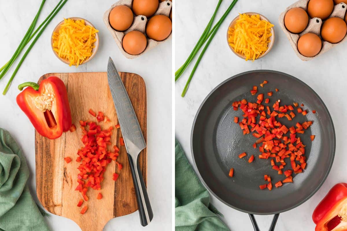 Side-by-side photo: Chopping red pepper in a wooden chopping board. Right: sauteing the red pepper in a skillet.