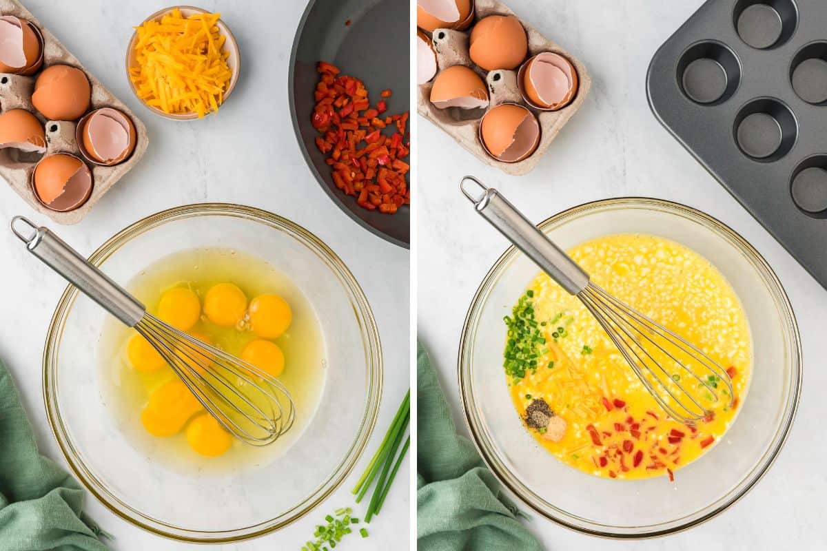 Side-by-side photo: Left: Whisking the eggs in a clear glass bowl using a wire whisk. Right: adding other ingredients to the egg mixture.