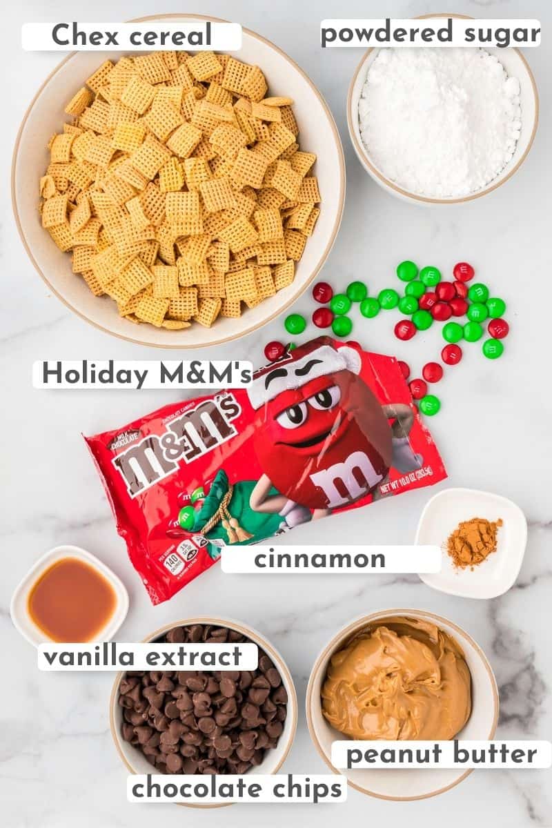 The ingredients to make Christmas Muddy Buddies.