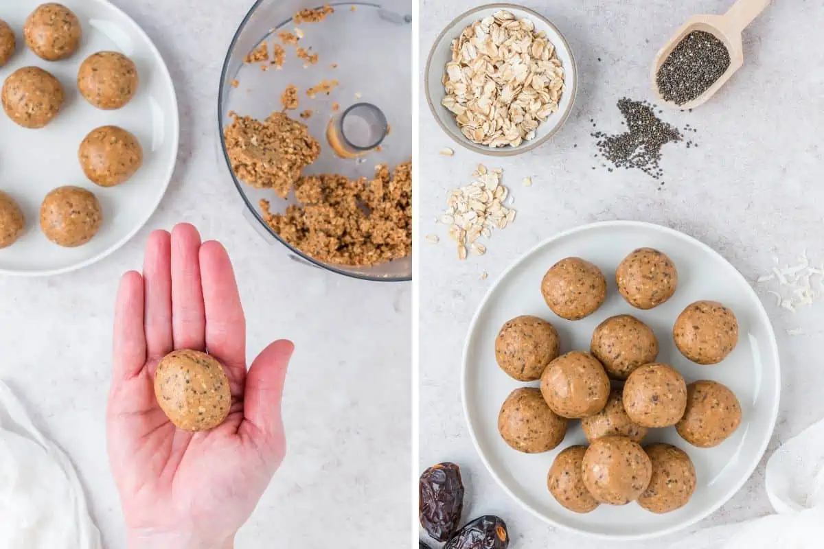 The balls rolled by hand and a plate with the finished energy balls. 