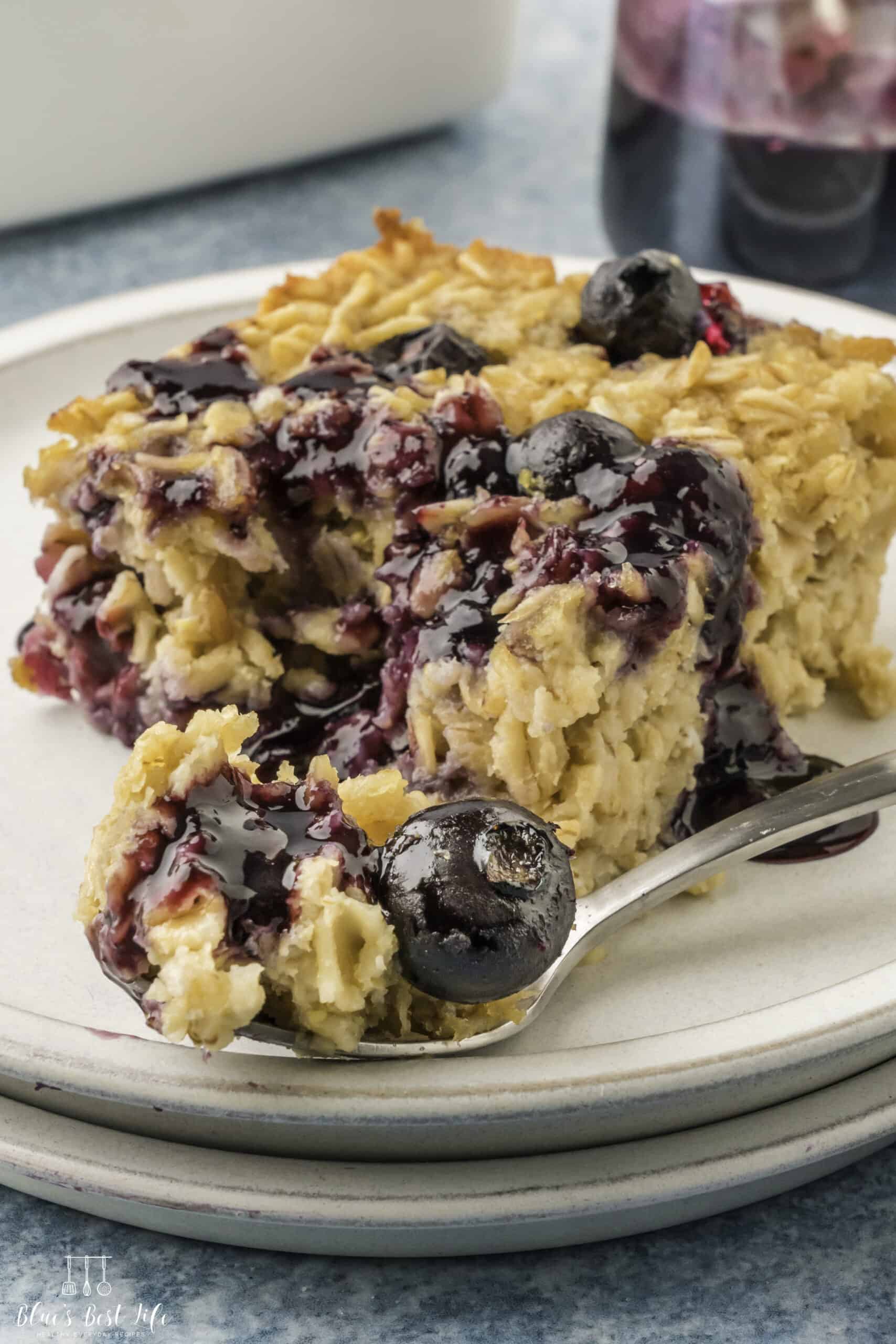 A closeup of the blueberry baked oatmeal. 