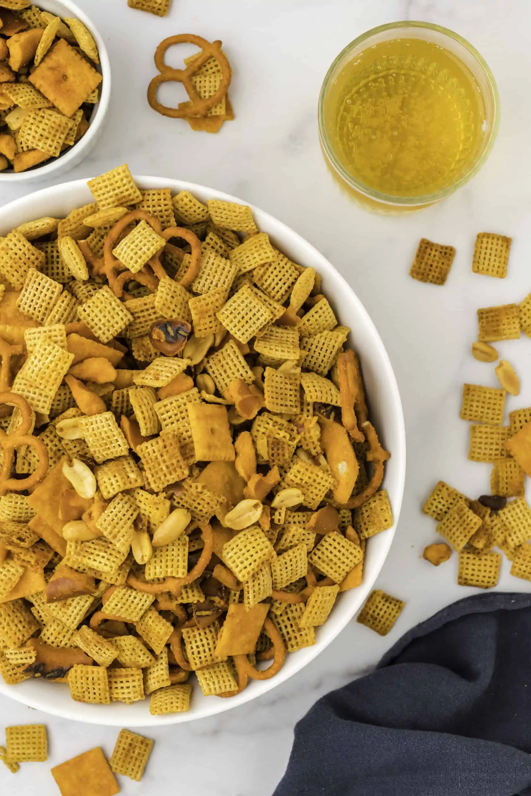 A bowl of cheesy Chex mix. 