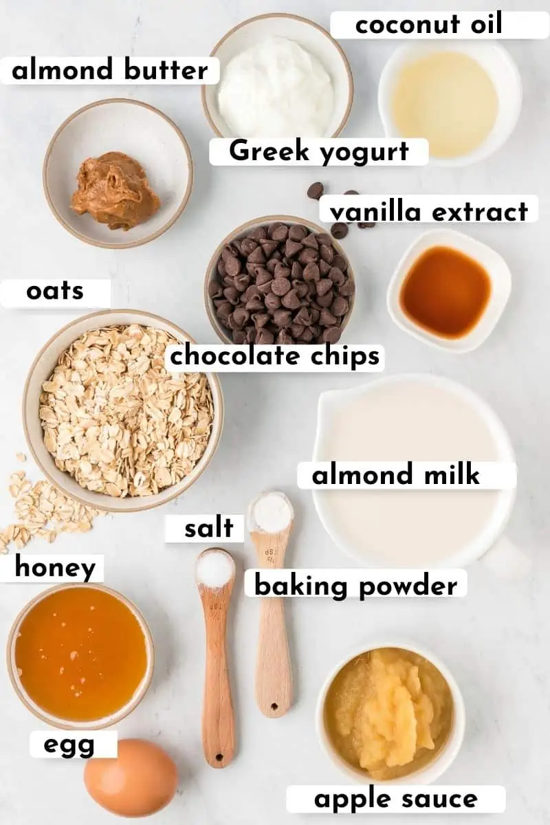 The ingredients to make chocolate chip baked oats. 