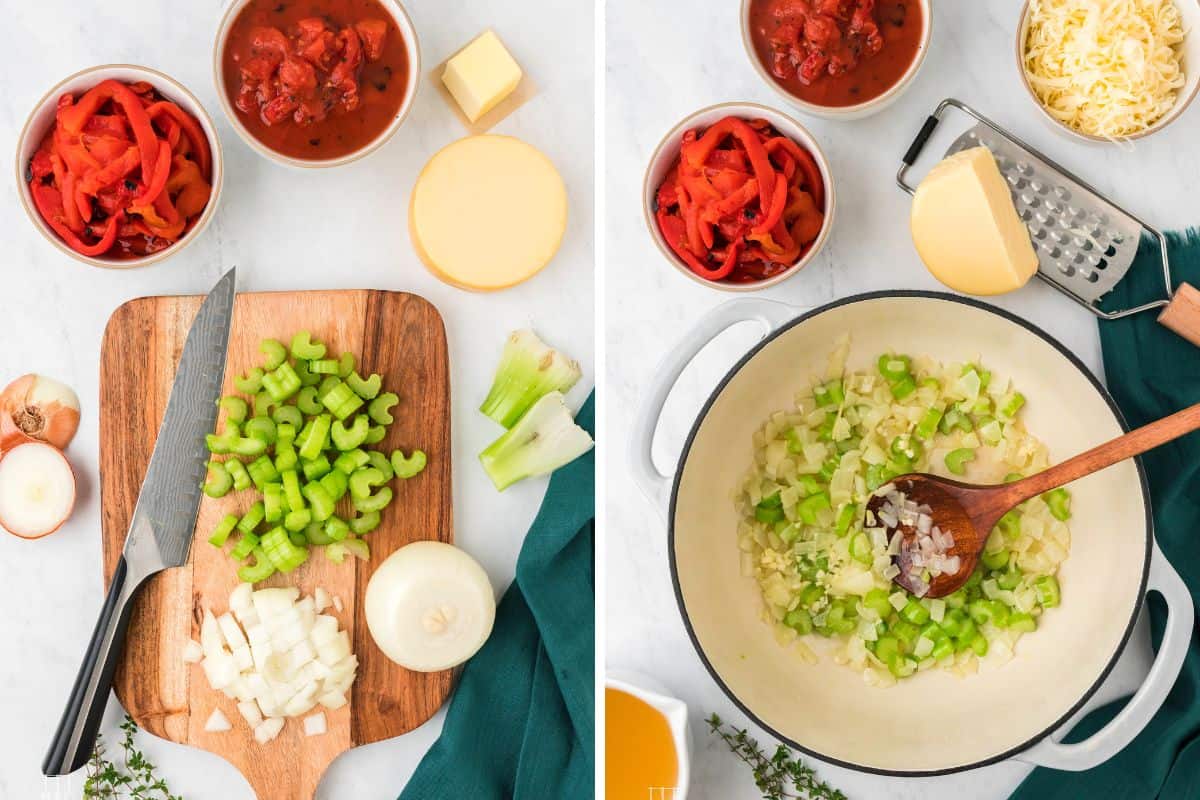 Photo collage. Left: Chopping the celery and onions; Right: sautéing them is a Dutch oven.
