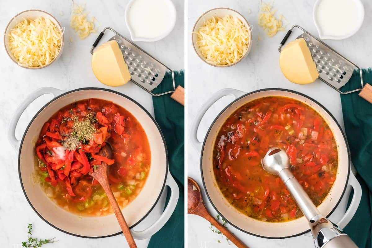 Photo Collage: Left: Adding red peppers, tomatoes and broth to the Dutch oven; Right: blending all the ingredients with an immersion blender.