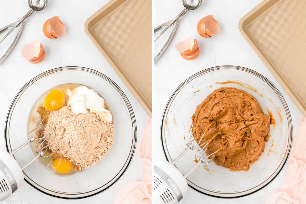 Mixing the cake mix with eggs, oil and yogurt. 