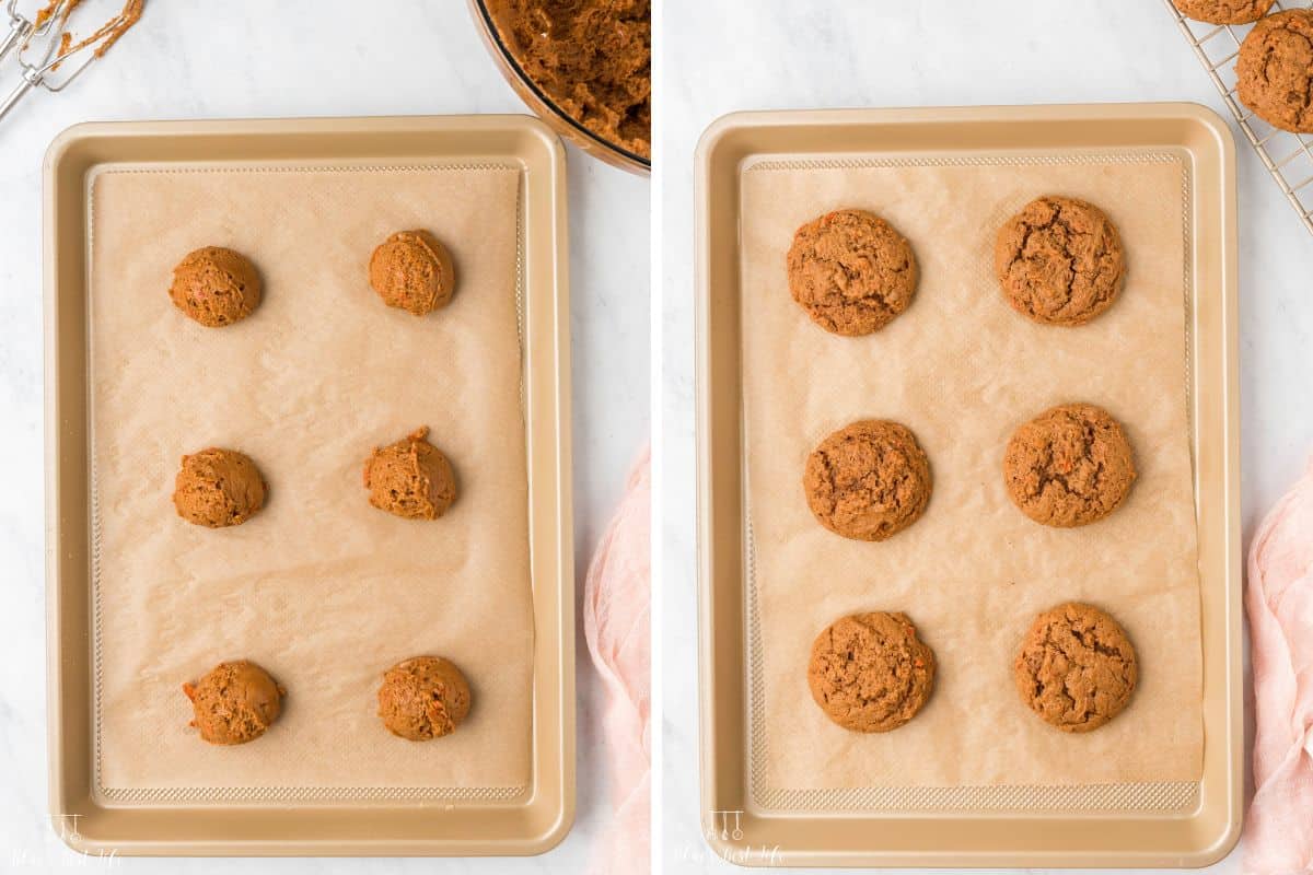 The dough portioned out on the cookie sheet and after the cookies have baked. 