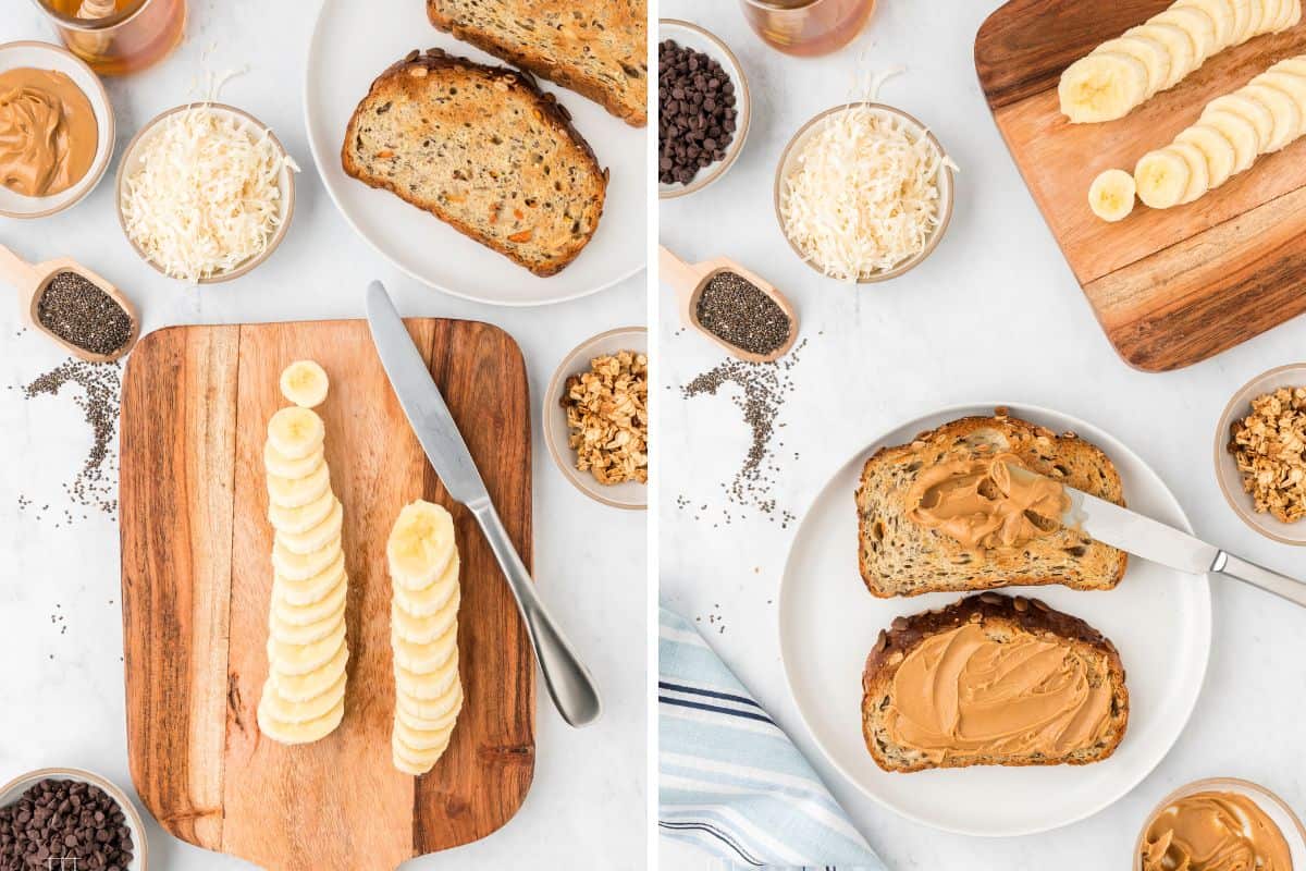 Side-by-Side photos: Left: Slicing the banana. Right: adding the peanut butter to the toast.