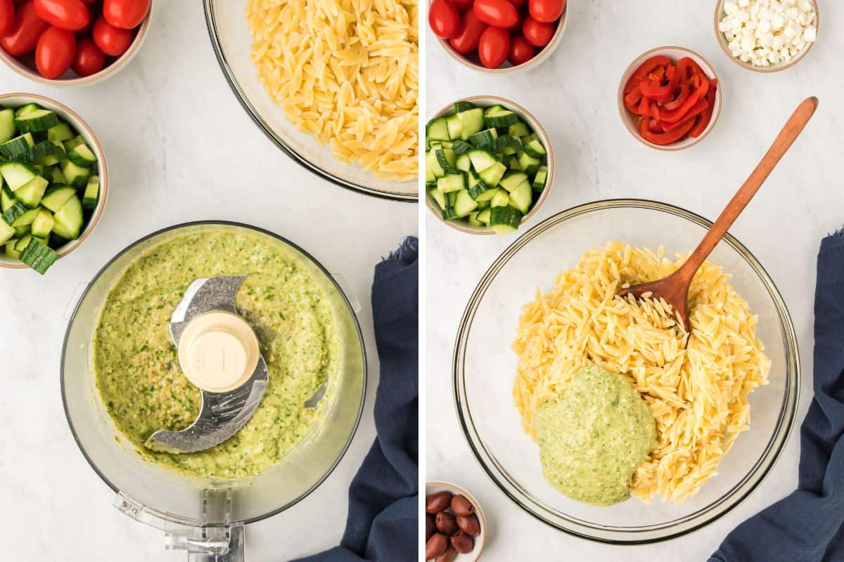 Photo Collage: Left: The pesto after processing inside the food processor. Right: Pesto stirred in the pesto.
