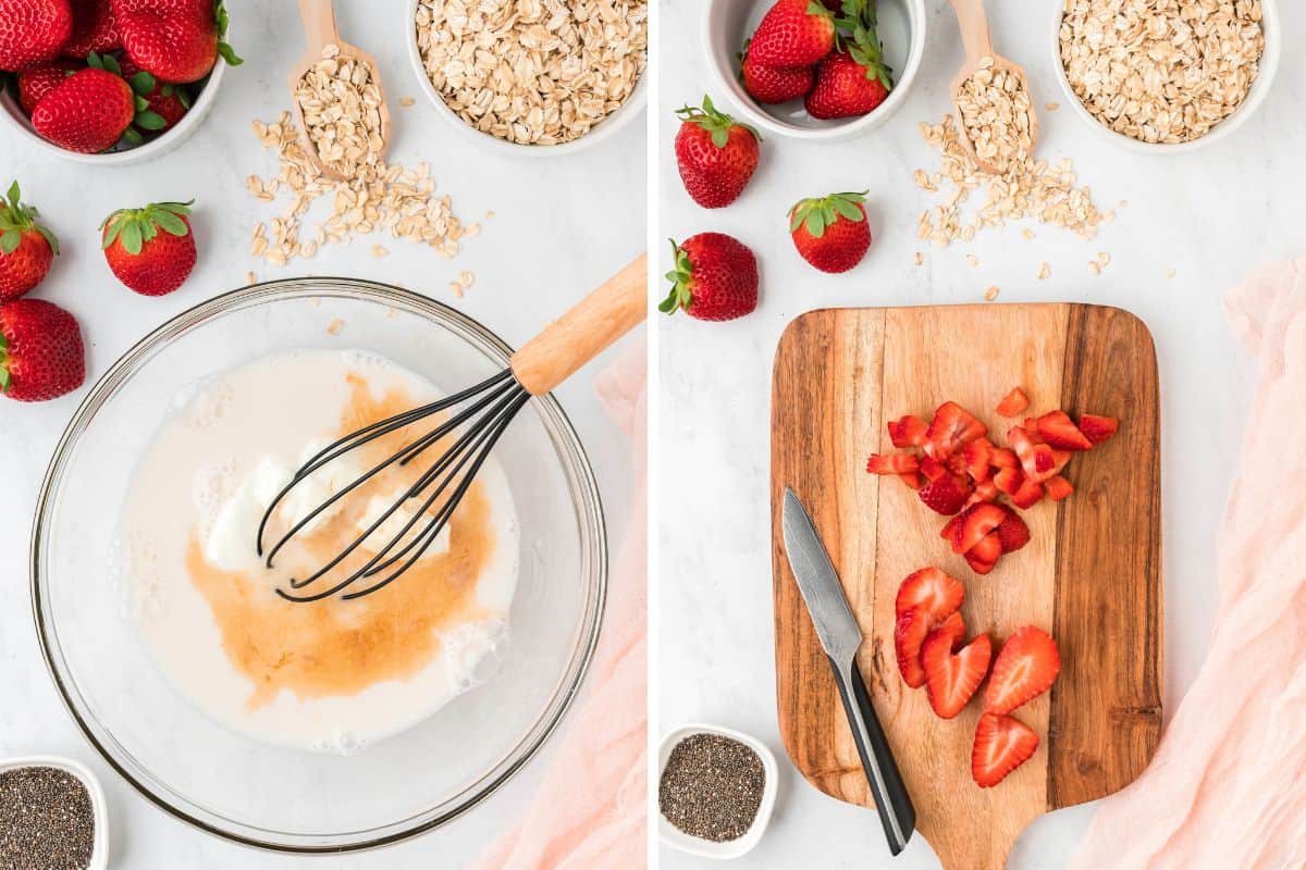 Collage photos: Left: Mixing the Greek yogurt and almond milk. in a clear mixing bowl. Right: Chopping the strawberries.