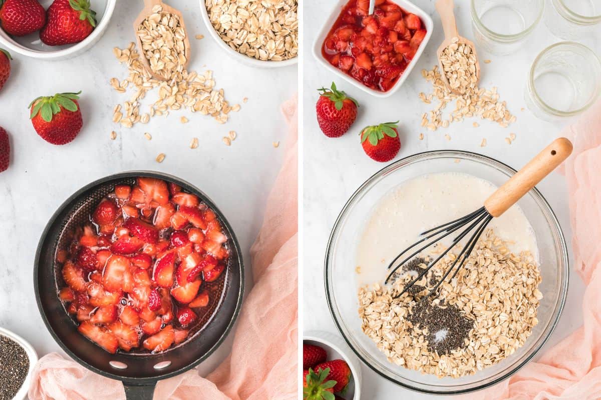 Collage photos: Left: Reducing strawberries in a saucepan. Right: mixing the oats into the almond milk. with a wire whisk.