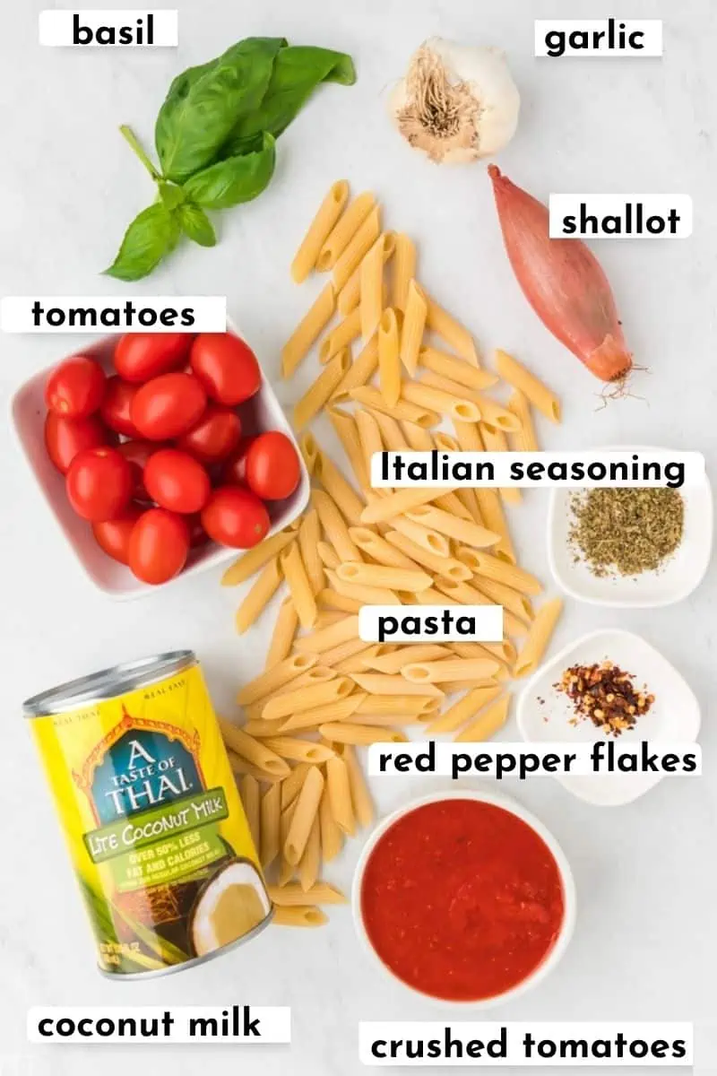 The ingredients to make coconut milk pasta sauce. 
