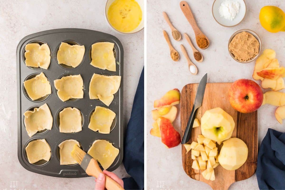 Pressing the squares into the muffin tin and brushing them with an egg wash. Cutting the apples into chunks. 