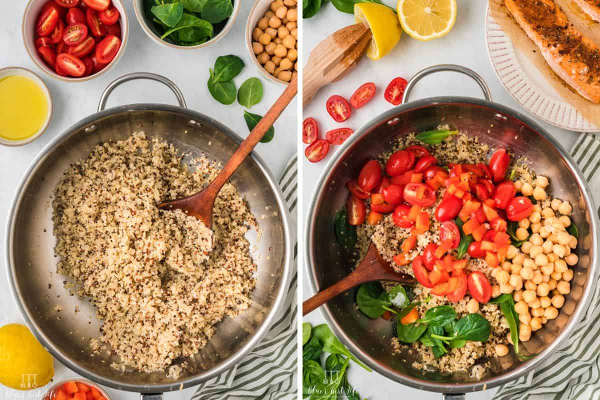 Photo Collage: Left: The quinoa once cooked. Right: vegetables added to the cooked quinoa. 