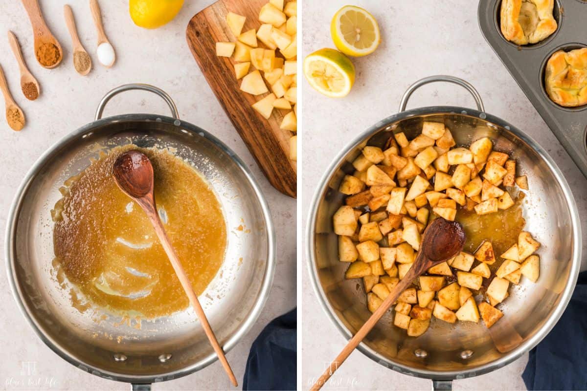 Melting butter and sugar together in a pan and adding the apples to the butter mixture. 