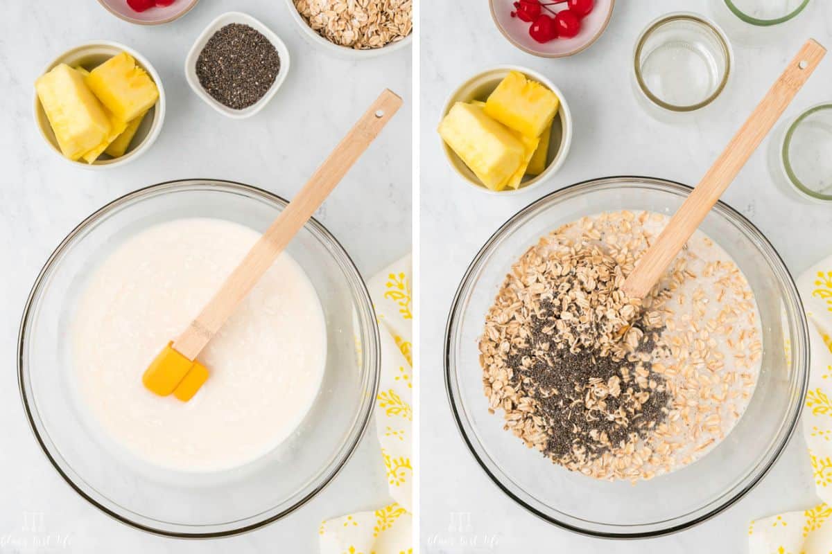 Collage photo: Left: milk in a bowl with a yellow with wood handle spatula. Right: Stirring in the oats, chia.