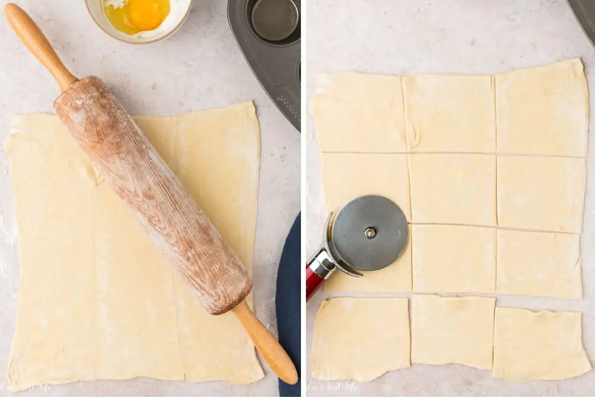 Using a rolling pin to roll out the puff pastry dough and cutting it into squares. 