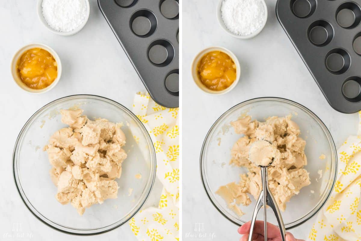 The cookie dough in a bowl and using a cookie scoop to measure the dough. 