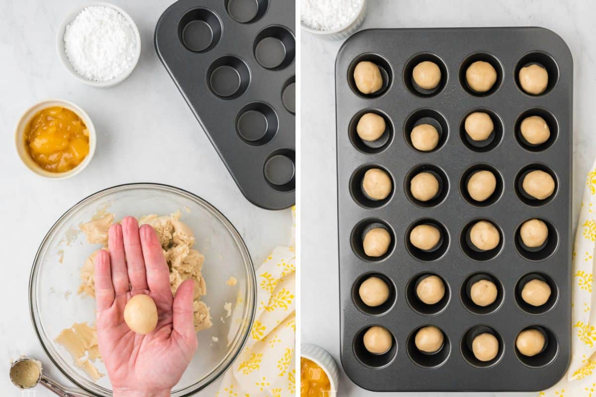 Rolling the dough in your hand an placing the dough in a muffin tin. 