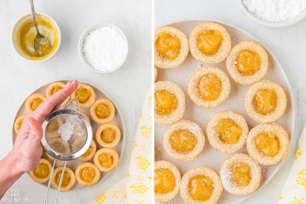 Dusting the cookies with powdered sugar. 
