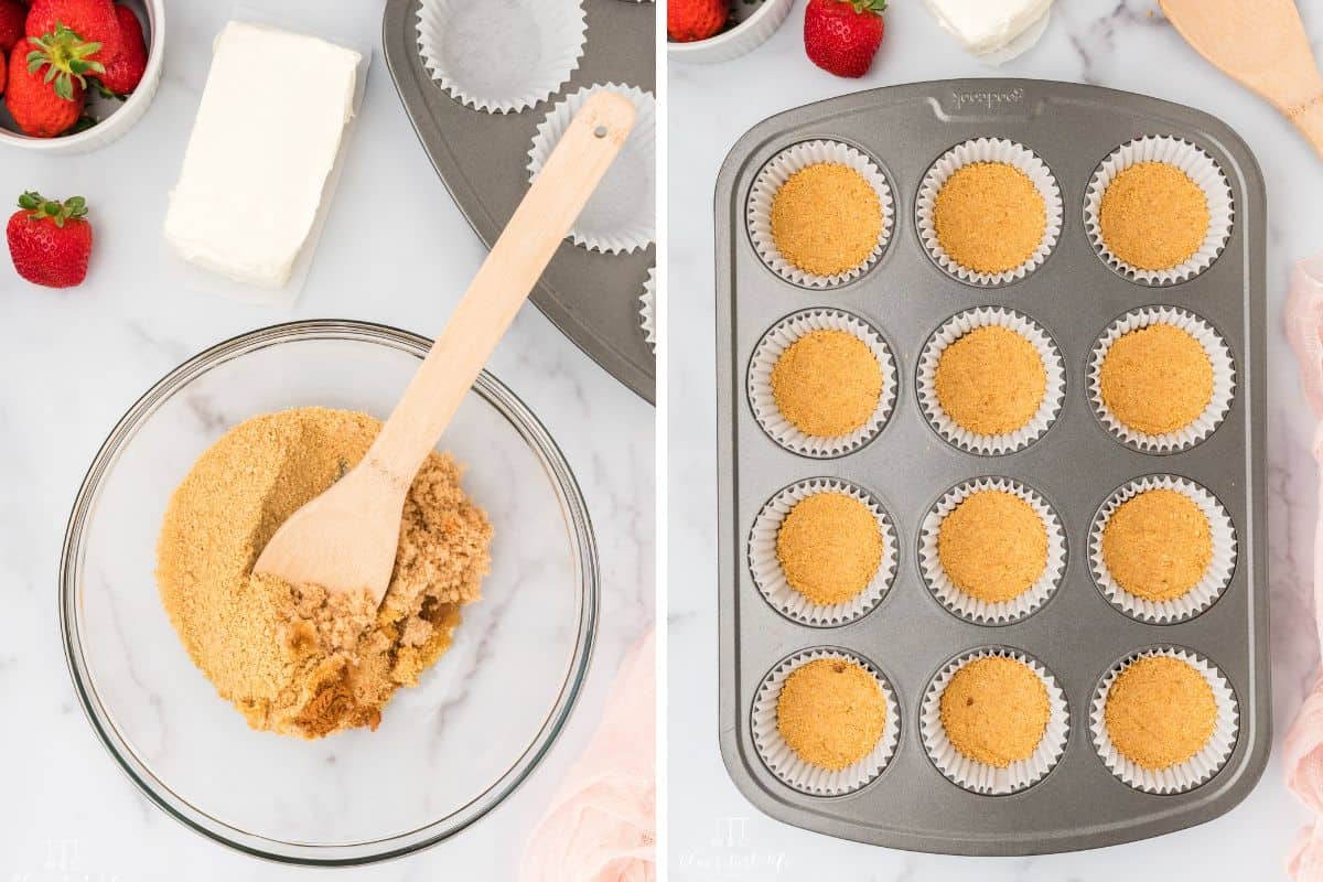 Mixing the crust and adding the crust to the pan. 