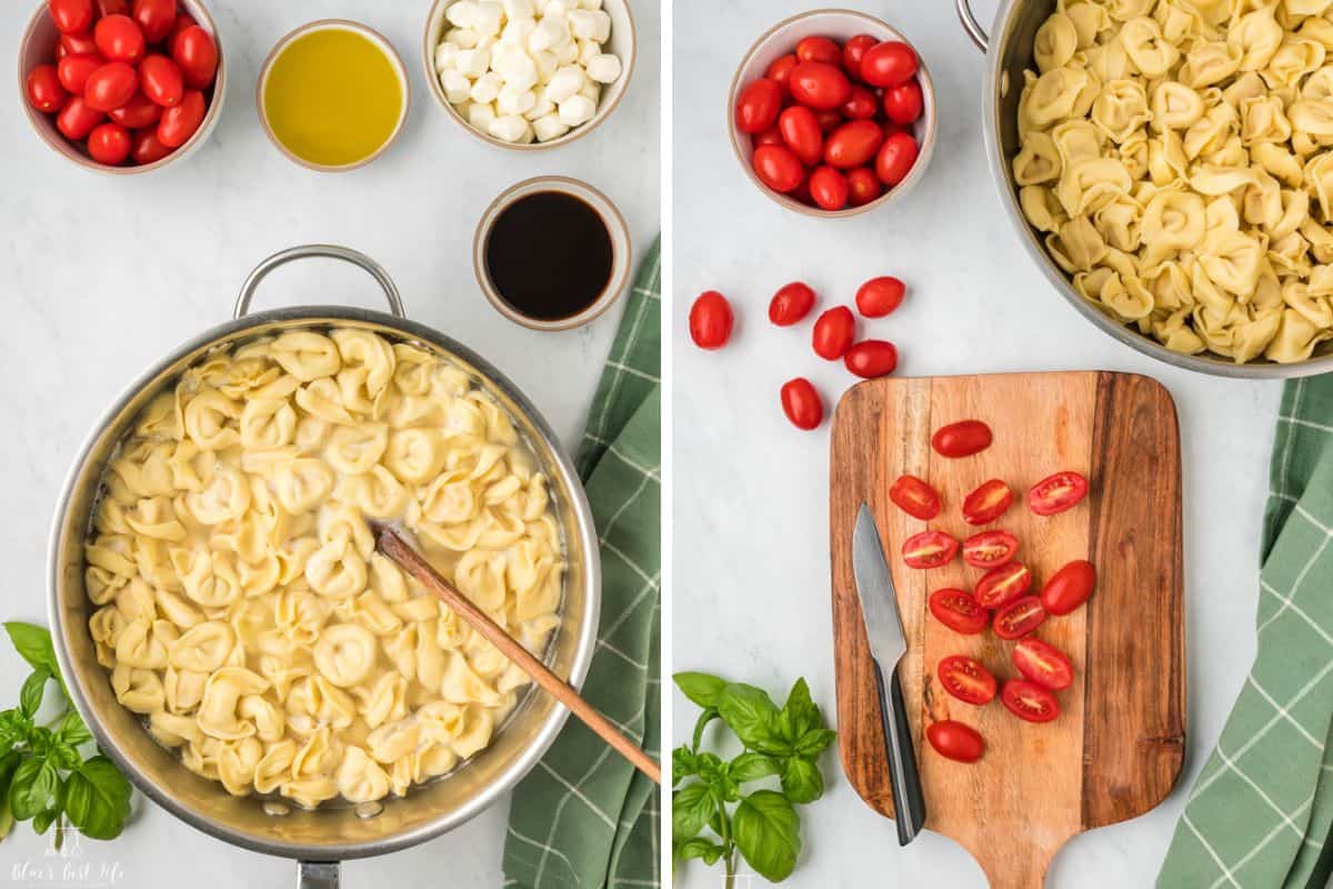 The pasta cooking and the tomatoes cut on a cutting board. 