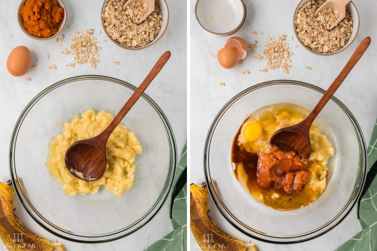 Collage photos of the procedure: Left: Mashing the banana using a wooden spoon Right: adding the wet ingredients to the bowl with the smashed bananas. 