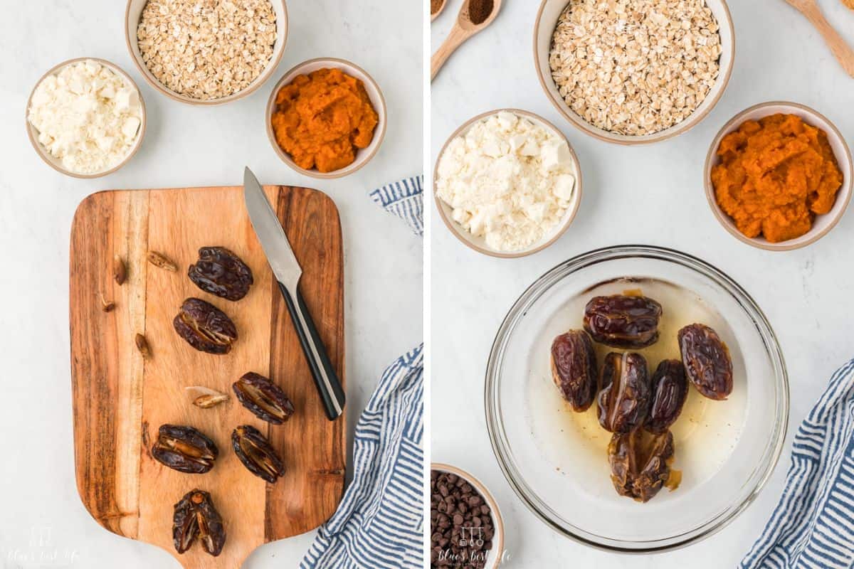 Removing the pit from the dates and soaking in water.