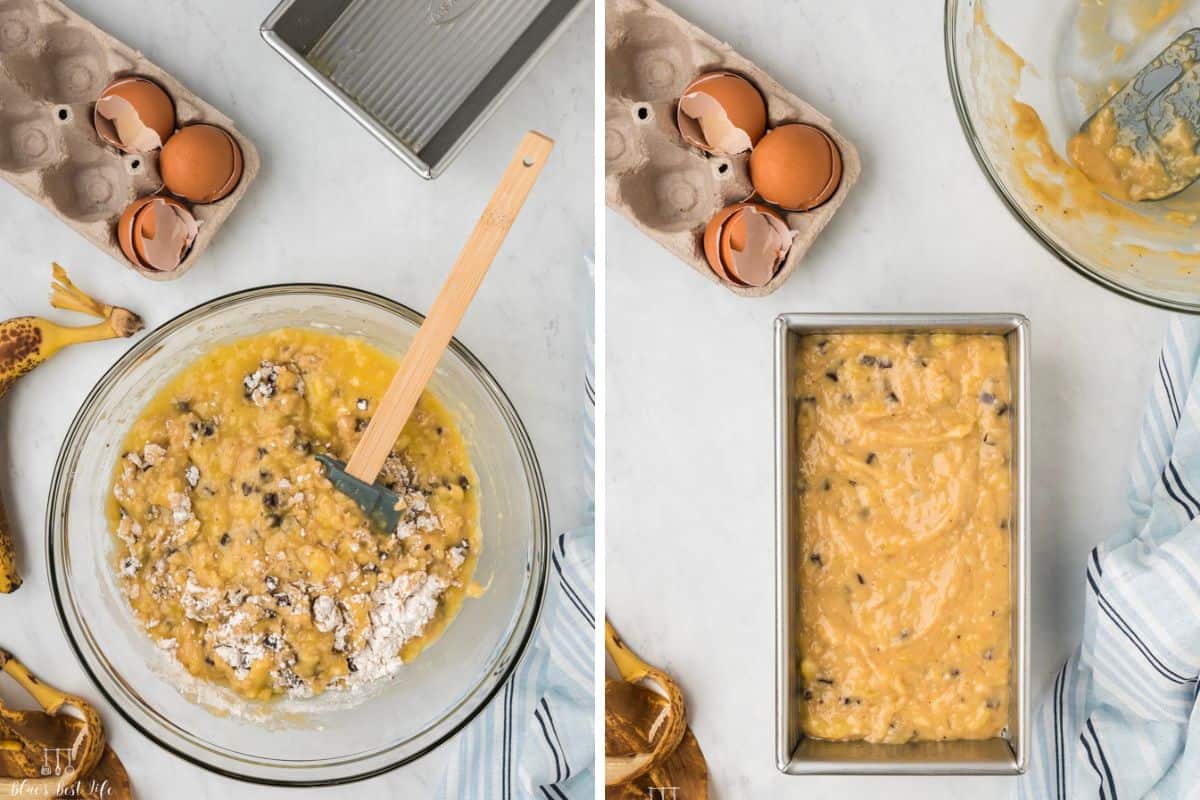 Side-by-side photo: Left: Stirring in the muffin mix using a spatula,; Right: pouring the batter into a loaf pan.
