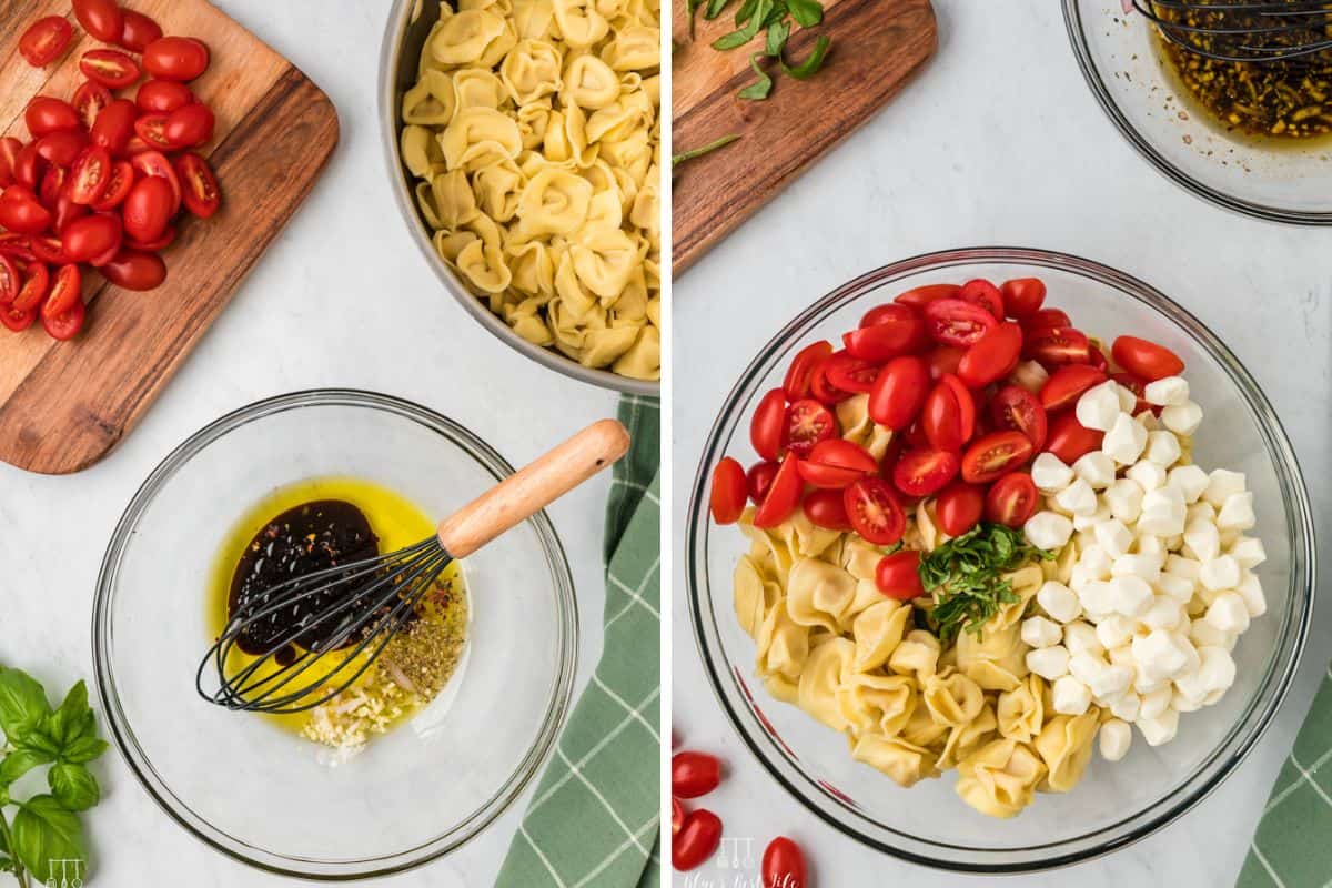 Mixing together the dressing ingredients and putting the salad in a large mixing bowl. 