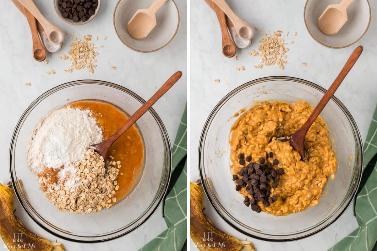 Collage photos: Left: The flour and oats added to the bowl. Right:  the batter stirred with chocolate chips. 