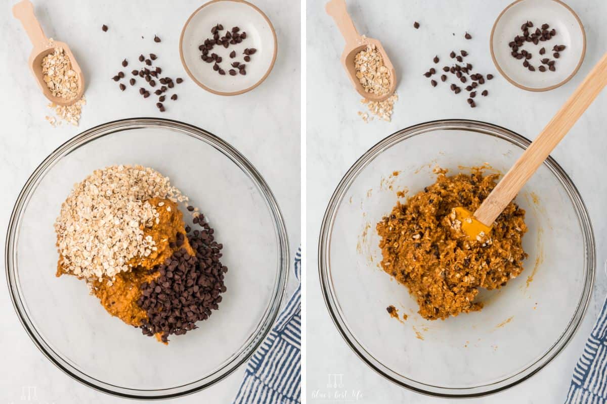 Mixing the chocolate chips into the pumpkin protein bites.