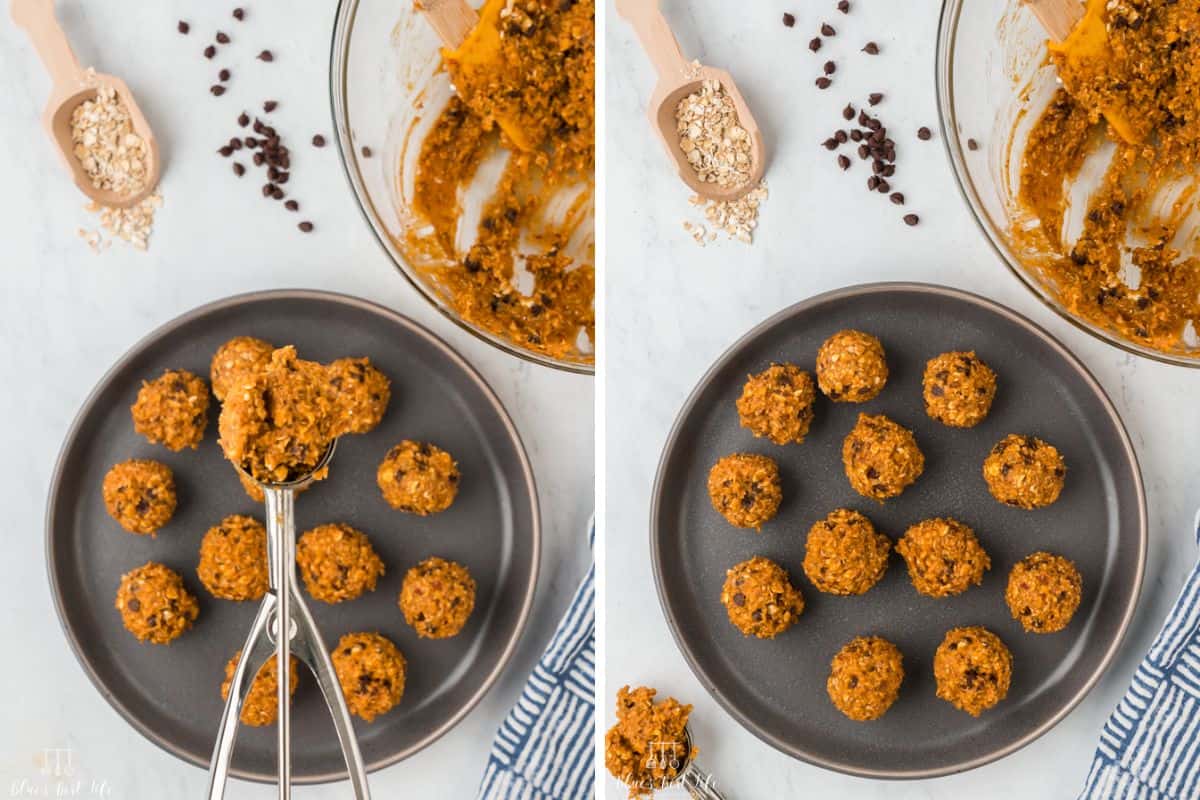 A cookie scoop portions out the pumpkin protein bites.
