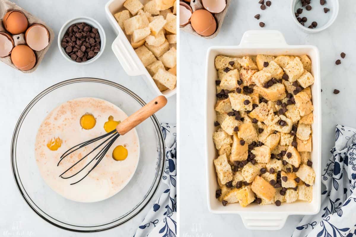 Whisking the custard ingredients and adding to the stale bread. 