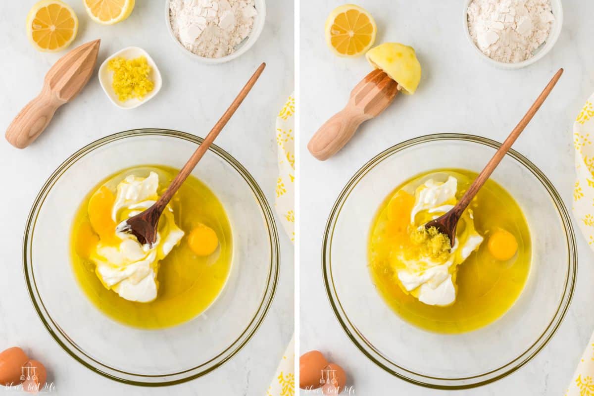 Side-by-side photos of clear mixing bowls: left shows eggs, yogurt, and oil before zest; right shows same mixture with added lemon zest, surrounded by flour, lemon halves, zest bowl, citrus reamer, and eggs.
