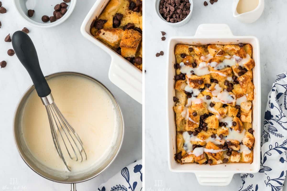 Making the cream sauce and drizzling over the bread pudding. 