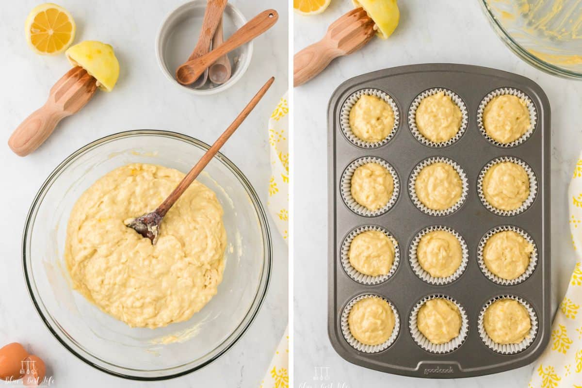A collage of photos: Left: thick yellow batter in glass bowl with wooden spoon, surrounded by lemon on reamer, egg, and utensils.
Right: muffin tin with twelve paper liners filled with same batter, ready for baking
