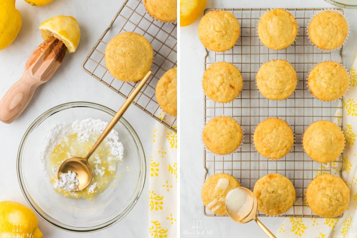 Collaged photos: Left: a mixing bowl, where the sugar glaze is being mixed together using a gold mixing spoon. Right: 12 pieces lemon muffing set on a cooling tray. 