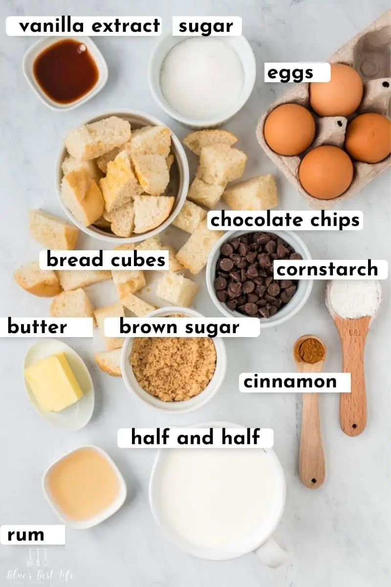 Ingredients for chocolate chip bread pudding.