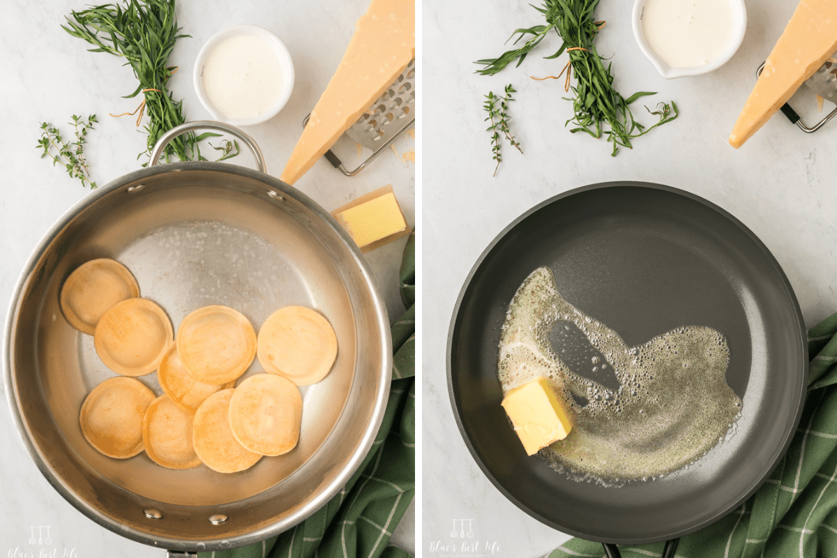 Collage Photo: Left: Cooking the ravioli. Right: melting butter for the sauce. 
