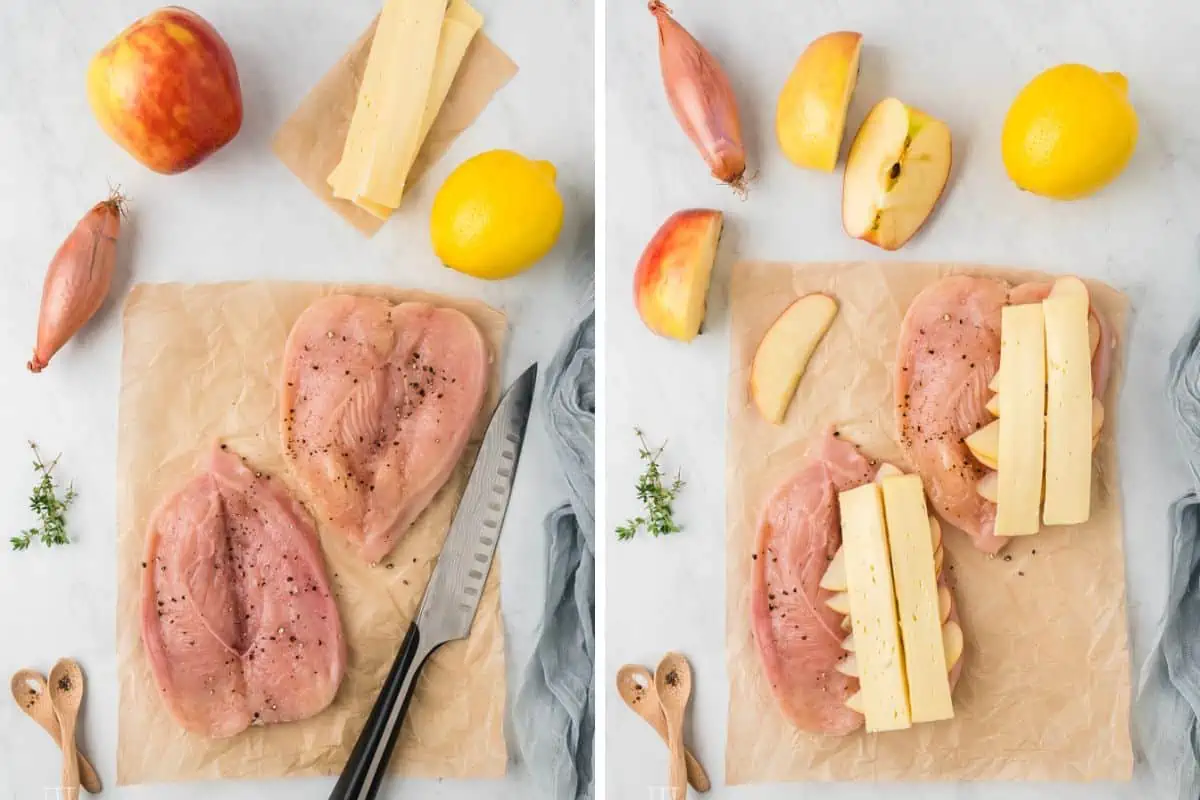 Cutting the chicken open with a sharp knife and stuffing with apple slices and cheese. 