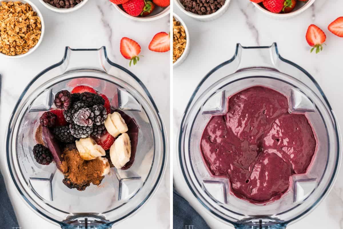 Side-by-side photo: Left: The acai bowl ingredients in the blender. Right: a completely blended mixture of all the ingredients.