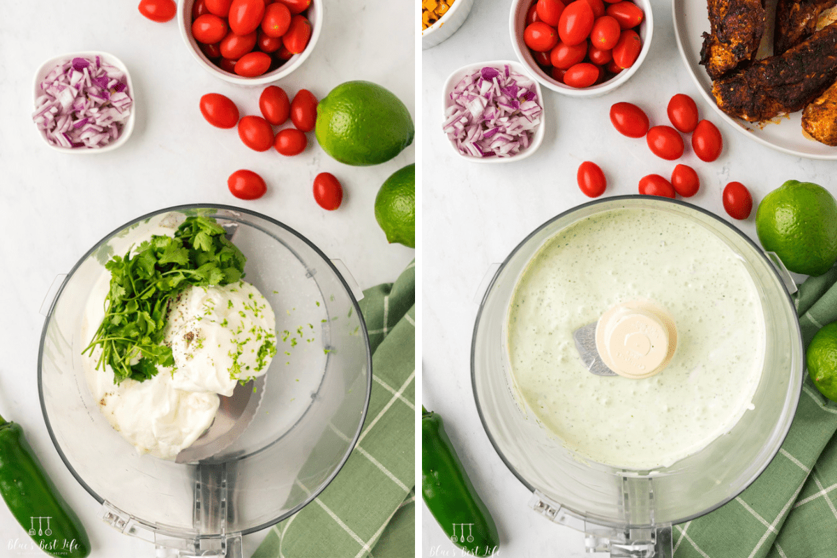 Photo Collage. Left: Adding the ingredients of the cream dip in a food processor. Right: the end result of the mixed cream dip. 