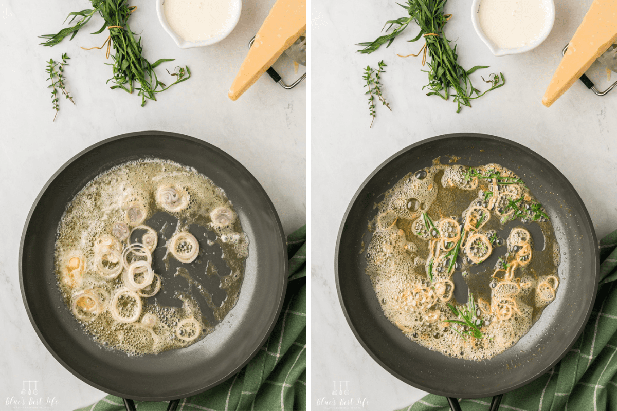 Collage Photo. Left: Sauteing melted butter in the shallots. Right: adding the fresh herbs to the pan.