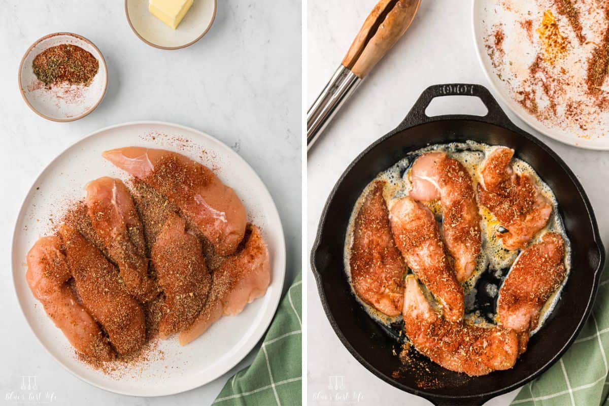 Photo Collage. Left: Chicken Tenders scrubbed with the spices on a plate. Right: Cooking the blackened chicken tenders. 