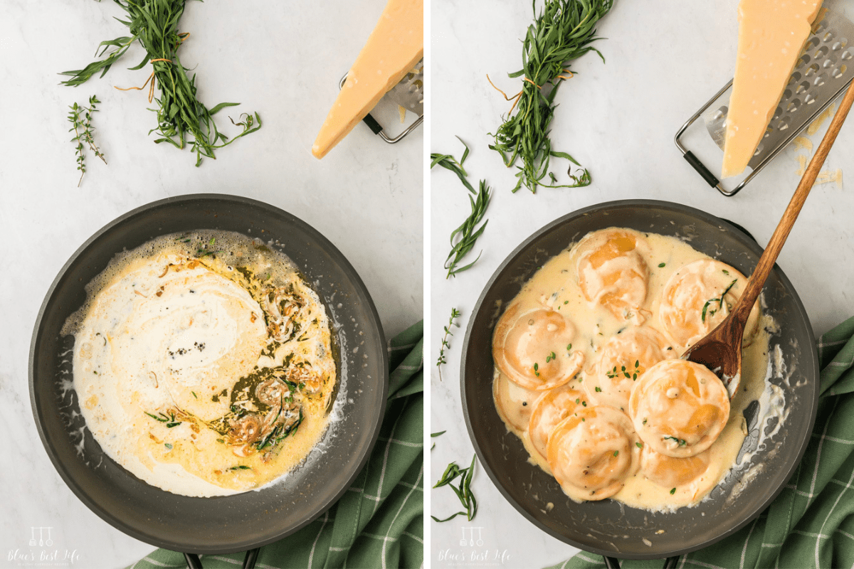 Collage Photo. Left: Adding cream and cheese to the sauce in the skillet. Right: stirring in the ravioli with the sauce. 