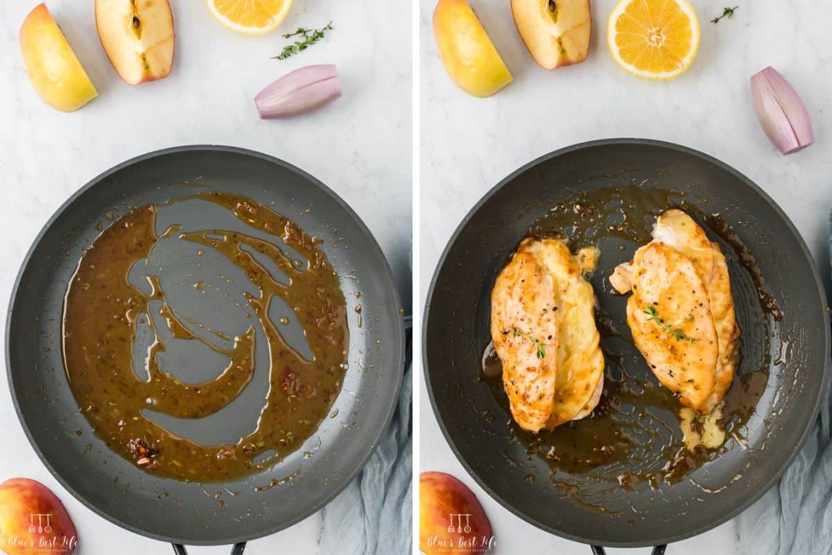 Photo Collage. Left: Cooking the sauce in the pan; Right: adding the chicken to the pan to coat with the sauce.  