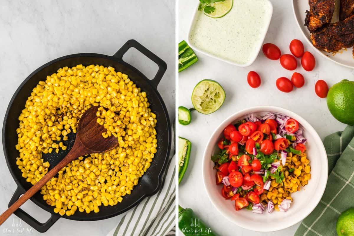 Photo Collage. Left: Cooking corn kernels in the skillet. Right: a mixture of salsa in a bowl. 